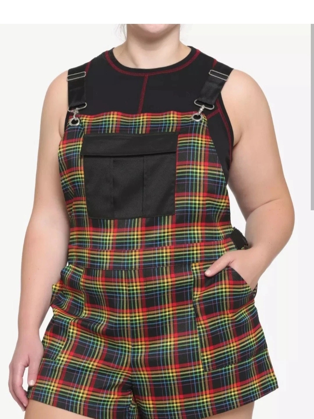 Hot Topic Black Multi Plaid Short Overalls Romper Kidcore Punk Emo Size 2X
